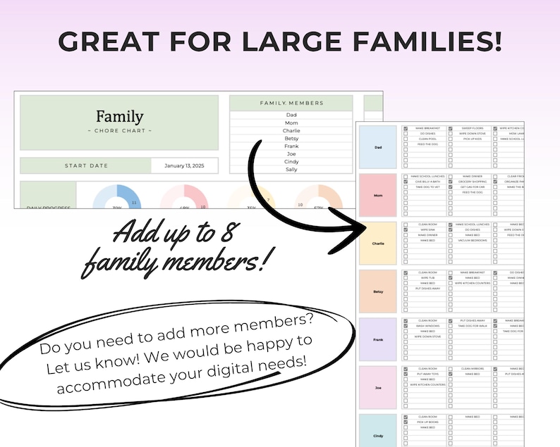 May include: A printable family chore chart with the text "Family - Chore Chart" and "Great for Large Families!". The chart includes spaces for family members and tasks, with a start date of January 13, 2025. The image also includes the text "Add up to 8 family members!"