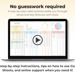 K&ouml;nnte beinhalten: Ein Laptop-Bildschirm zeigt ein Budget-Dashboard f&uuml;r Juni 2026 in Google Sheets mit Diagrammen, Tabellen und einem zentralen Play-Button-Symbol. Der Text lautet: No guesswork required. A step-by-step video tutorial walks you through setup.
