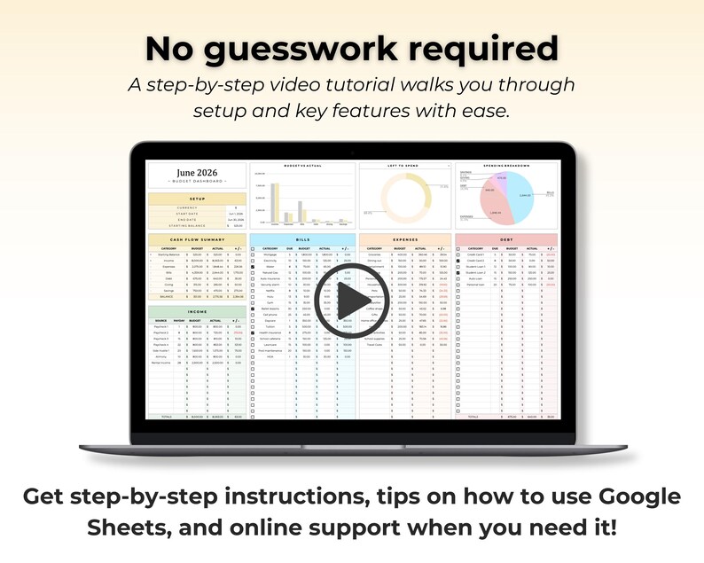 K&ouml;nnte beinhalten: Ein Laptop-Bildschirm zeigt ein Budget-Dashboard f&uuml;r Juni 2026 in Google Sheets mit Diagrammen, Tabellen und einem zentralen Play-Button-Symbol. Der Text lautet: No guesswork required. A step-by-step video tutorial walks you through setup.