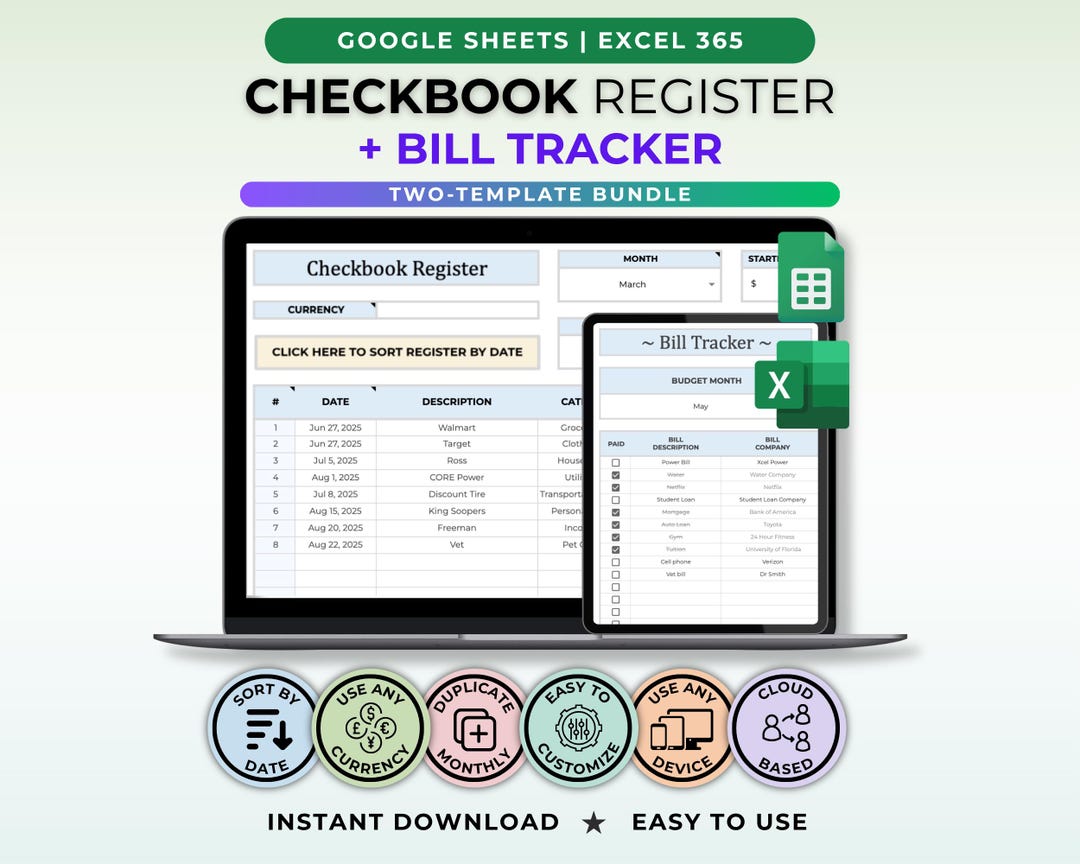 Checkbook Register Bill Tracker Google Sheets Template Budget Finance ...