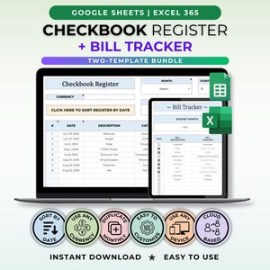 Checkbook Register Bill Tracker Google Sheets Template Budget Finance Organizer Digital Bank Account Template Spending Tracker Spreadsheet