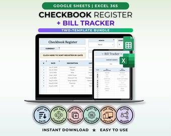 Checkbook Register Bill Tracker Google Sheets Template Budget Finance Organizer Digital Bank Account Template Spending Tracker Spreadsheet