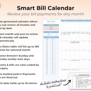 May include: A digital Smart Bill Calendar template featuring a monthly grid for March 2025, colour-coded categories for income and bills, a due dates table, and printing instructions. The layout includes fields for date-based entries and status tracking.