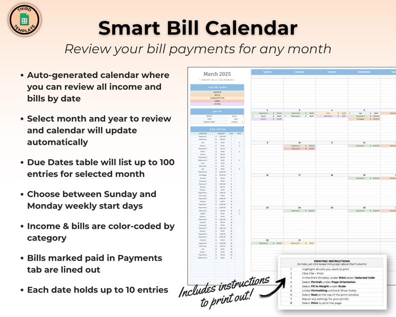 May include: A digital Smart Bill Calendar template featuring a monthly grid for March 2025, colour-coded categories for income and bills, a due dates table, and printing instructions. The layout includes fields for date-based entries and status tracking.