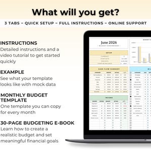 K&ouml;nnte beinhalten: Ein digitales Budget-Dashboard auf einem Laptop-Bildschirm mit Bereichen f&uuml;r Einrichtung, Cashflow, Einkommen, Rechnungen und ein Balkendiagramm. Der Text umfasst What will you get?, 3 TABS, QUICK SETUP, FULL INSTRUCTIONS, ONLINE SUPPORT und 30-PAGE BUDGETING E-BOOK.