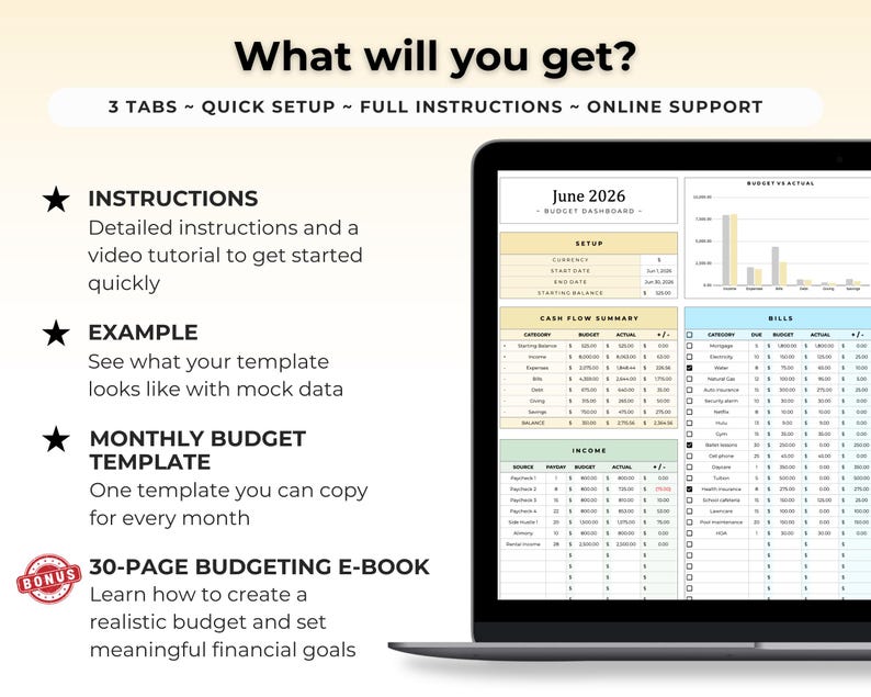 K&ouml;nnte beinhalten: Ein digitales Budget-Dashboard auf einem Laptop-Bildschirm mit Bereichen f&uuml;r Einrichtung, Cashflow, Einkommen, Rechnungen und ein Balkendiagramm. Der Text umfasst What will you get?, 3 TABS, QUICK SETUP, FULL INSTRUCTIONS, ONLINE SUPPORT und 30-PAGE BUDGETING E-BOOK.