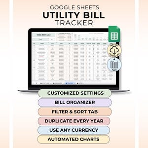 Op de afbeelding: Een laptopscherm toont een Google Sheets-tracker voor energierekeningen. De afbeelding bevat de tekst "GOOGLE SHEETS UTILITY BILL TRACKER" en functies voor aanpassing, organisatie, filtering, valuta en geautomatiseerde grafieken. Direct downloaden beschikbaar.