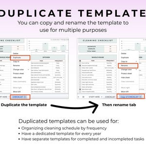 May include: A digital template titled "DUPLICATE TEMPLATE" with instructions to copy and rename for multiple uses. The image shows a cleaning checklist with options to duplicate and rename tabs. The template is for organizing cleaning schedules.