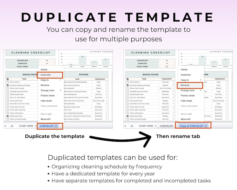 May include: A digital template titled "DUPLICATE TEMPLATE" with instructions to copy and rename for multiple uses. The image shows a cleaning checklist with options to duplicate and rename tabs. The template is for organizing cleaning schedules.
