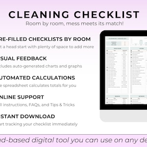 May include: A digital cleaning checklist displayed on a computer monitor. The checklist includes pre-filled checklists by room, visual feedback, automated calculations, online support, and instant download. The text reads "Cleaning Checklist" and "Room by room, mess meets its match!"