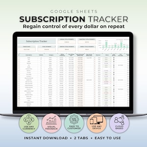 Plantilla de hoja de cálculo de Google para el seguimiento de suscripciones, seguimiento de facturas recurrentes, seguimiento de ahorros en suscripciones, seguimiento de contraseñas, gestión del registro de suscripciones