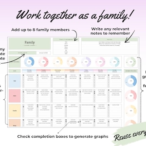 May include: A family chore chart with the text "Work together as a family!" and "Reuse every week!" The chart includes sections for family members, a start date, and a weekly schedule with check boxes. Color-coded names and progress graphs are also included.