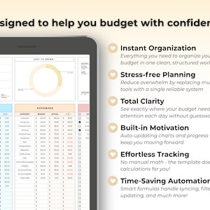 K&ouml;nnte beinhalten: Ein digitaler Budgetplaner auf einem Tablet-Bildschirm mit Tabellen f&uuml;r Rechnungen und Ausgaben, Diagrammen und dem Text: Designed to help you budget with confidence, Instant Organization, Stress-free Planning, Total Clarity, Built-in Motivation, Effortless Tracking, Time-Saving Automation.