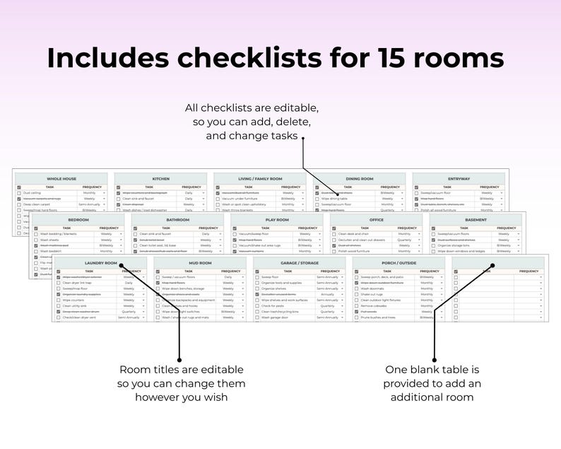 May include: A digital checklist template for 15 rooms, with editable tasks and frequencies. The image includes text that says "Includes checklists for 15 rooms" and "All checklists are editable, so you can add, delete, and change tasks."