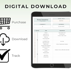 May include: A digital download graphic with the words "DIGITAL DOWNLOAD" at the top. The image includes a shopping cart, cloud with a downward arrow, and a checkmark in a box. A tablet displays a home inventory tracker.