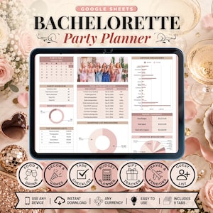 Peut inclure: Un planificateur de fête de bachelorette Google Sheets numérique affiché sur un écran de tablette. L'interface comprend un calendrier, un aperçu des invités, un graphique RSVP, le statut des tâches, les dépenses, le budget et une liste d'achats.