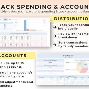 May include: A digital financial tracking dashboard featuring two main sections: Distribution and Accounts. The layout includes bar charts, pie charts, and tables for tracking family member spending, income breakdowns, and bank account balances.