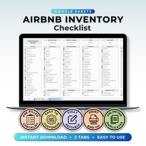 Plantilla de lista de verificación de inventario de Airbnb Hojas de cálculo de Google Lista de hojas de cálculo de alquileres vacacionales Lista de verificación de administración de propiedades Hoja de cálculo de propiedades de alquiler