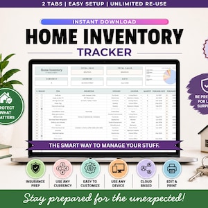 Może przedstawiać: Laptop wyświetla szablon "Home Inventory Tracker". Tekst zawiera "Natychmiastowe pobieranie", "Chroń to, co ważne" i "Bądź przygotowany na niespodziewane!" Ikony podkreślają funkcje, takie jak przygotowanie ubezpieczeniowe i dostęp w chmurze.