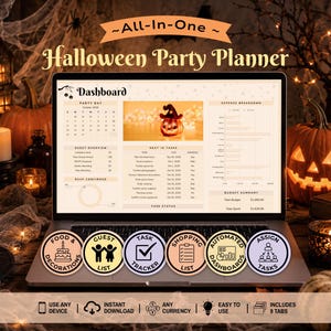 May include: A digital Halloween party planner displayed on a laptop screen, featuring a dashboard with a calendar, guest overview, task list, and expense breakdown. Six circular icons labeled Food & Decorations, Guest List, Task Tracker, Shopping List, Automated Dashboards, and Assign Tasks are arranged below the screen. Text includes All-In-One Halloween Party Planner, Use Any Device, Instant Download, Any Currency, Easy To Use, and Includes 9 Tabs.