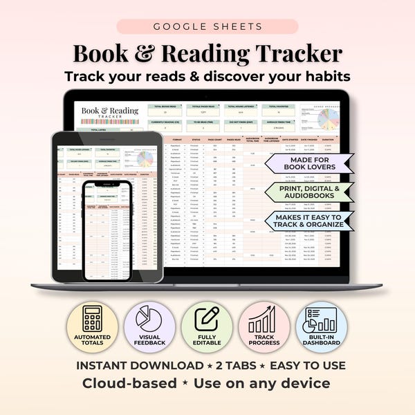 Book and Reading Tracker Spreadsheet Google Sheet Reading Journal Spreadsheet Reading Log To be Read Digital Tracker Library Inventory Log