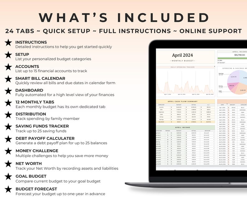 May include: A digital budget planner displayed on a laptop screen, featuring 24 tabs, a monthly budget for April 2024, and various financial tracking tools. The text lists features including instructions, setup, accounts, bill calendar, and debt payoff.
