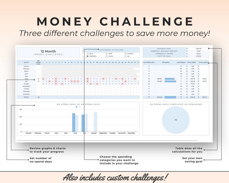 May include: A digital money challenge spreadsheet template featuring a 12-month tracker, savings goal section, and progress charts. The layout includes tables for no-spend days, spending categories, and visual graphs to monitor financial progress.