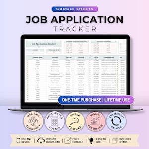 May include: A digital job application tracker spreadsheet displayed on a laptop screen. The interface includes columns for company name, job title, location, and pay. Below the screen are five circular icons and text labels for features.