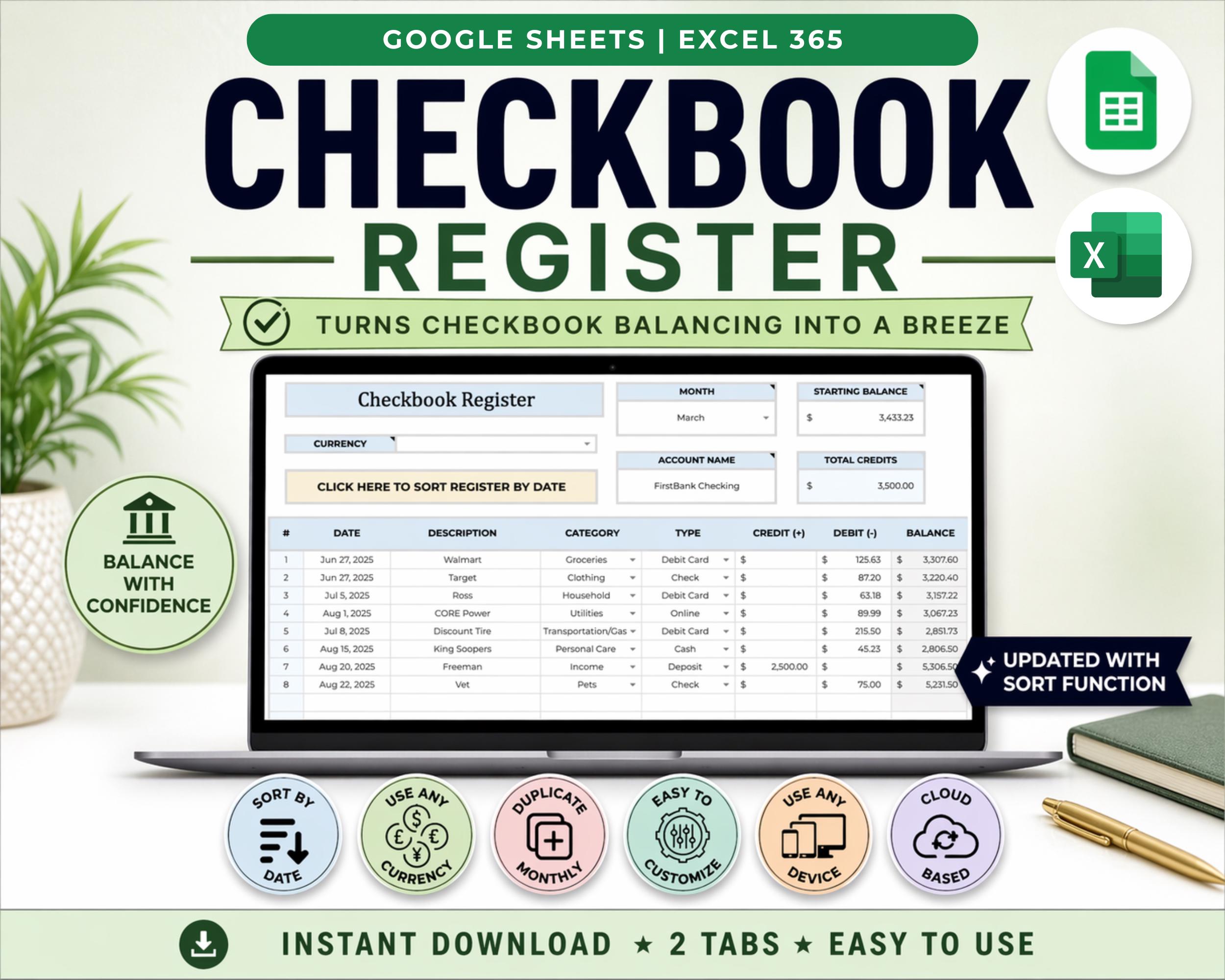 Checkbook Register for Google Sheets Budget Digital Check Balancing ...