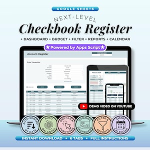 May include: A digital checkbook register displayed on a laptop and smartphone. The screen shows a spreadsheet interface with data entry fields. The image includes the text "Checkbook Register" and icons for various functions. The text "Demo Video on YouTube" is also visible.