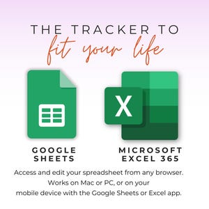 May include: A graphic with the text "THE TRACKER TO fit your life." It features green icons for Google Sheets and Microsoft Excel 365. The text below the icons reads, "Access and edit your spreadsheet from any browser. Works on Mac or PC, or on your mobile device."