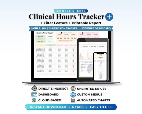 Clinical Hours Tracker Supervision Log Licensure Template LCSW LPC Therapists Counselors Nurses Social Work Internship Tracker Google Sheets