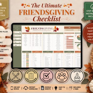 Może przedstawiać: Cyfrowa lista kontrolna Friendsgiving wyświetlona na ekranie tabletu, zawierająca planer menu, organizator zakupów, śledzenie zadań, listę gości oraz sekcje przydzielania zadań. Interfejs zawiera tekst, wykresy i tabele w jesiennej kolorystyce.