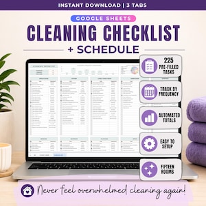 Könnte beinhalten: Ein Laptop zeigt eine Reinigungscheckliste und einen Zeitplan mit dem Text "CLEANING CHECKLIST + SCHEDULE". Das Bild enthält Symbole für vorgefüllte Aufgaben, Frequenzverfolgung, automatische Summen, einfache Einrichtung und fünfzehn Räume.