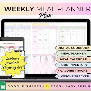 Meal Prep Planner Recipe Journal Google Sheet Template Food Calorie Tracker Weekly Weight Loss Tracker Food Inventory Digital Grocery List