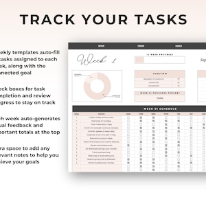 May include: A digital planner with the text "TRACK YOUR TASKS" at the top. The planner includes weekly templates, check boxes for task completion, and space for notes. The design is in shades of gray and pink.