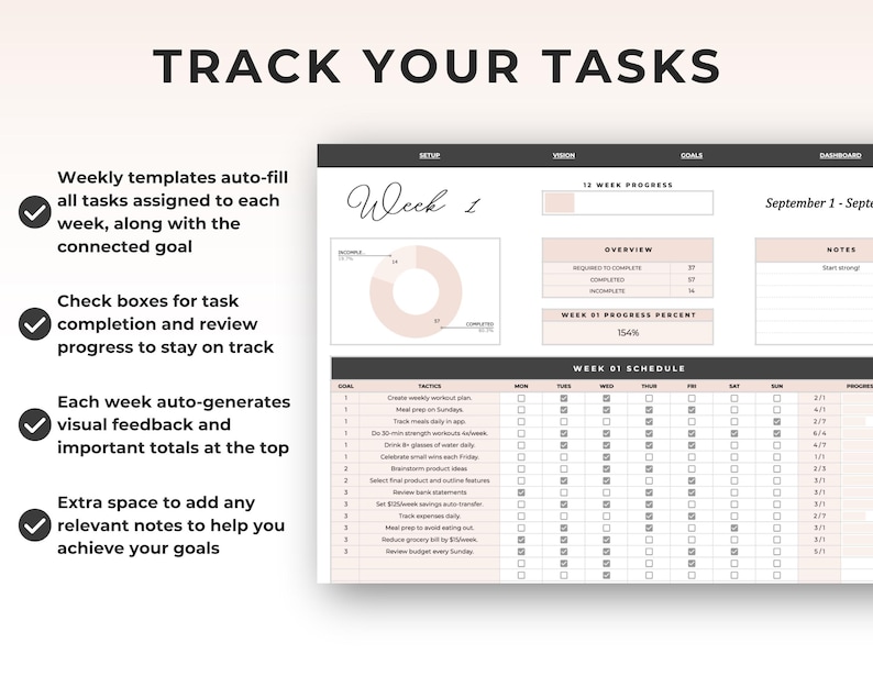May include: A digital planner with the text "TRACK YOUR TASKS" at the top. The planner includes weekly templates, check boxes for task completion, and space for notes. The design is in shades of gray and pink.