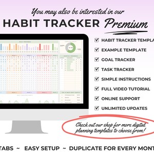 May include: A computer monitor displays a digital habit tracker template. The screen shows a calendar layout with sections for goals, tasks, and progress tracking. Text on the screen includes "Habit Tracker Premium" and "5 Tabs ~ Easy Setup".