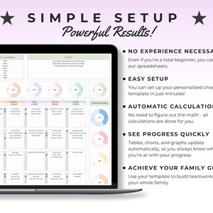 May include: A laptop screen displays a chore chart template with colorful pie charts and checklists. The text reads "SIMPLE SETUP, Powerful Results!" and highlights features like easy setup, automatic calculations, and progress tracking for family goals.