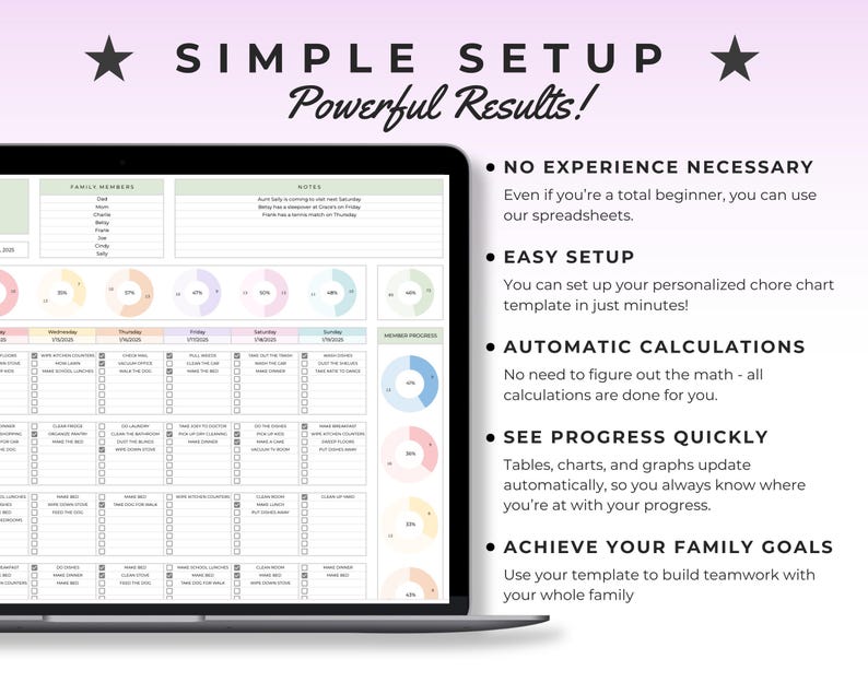 May include: A laptop screen displays a chore chart template with colorful pie charts and checklists. The text reads "SIMPLE SETUP, Powerful Results!" and highlights features like easy setup, automatic calculations, and progress tracking for family goals.