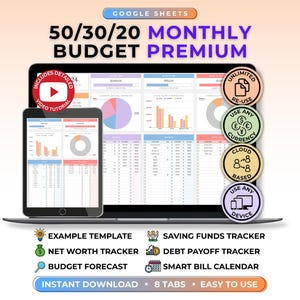 50 30 20 Budget Spreadsheet Google Sheet Monthly Planner Debt Tracker Sinking Fund Bill Calendar Budget Forecast Net Worth Expense Tracker