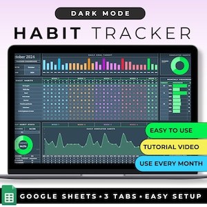 Habit Tracker Tabelle Google Sheet Vorlage Täglicher Habit-Planer Ziel-Tracker Wöchentliche Habit Dunkelmodus-Planer Monatliche Routine Checkliste