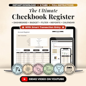 May include: A digital checkbook register spreadsheet template displayed on a laptop, tablet, and smartphone screen. The interface includes an account register, transaction entry fields, and six circular icons labeled auto-sorted, auto-balances, one-click functions, dynamic dashboard, filter and reports, and smart calendar.