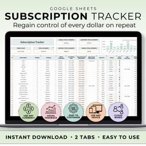 Subscription Tracker Google Sheet Template Recurring Expense Tracker Subscription Savings Tracker Password Tracker Manage Subscription Log