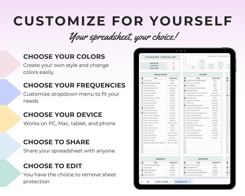 May include: A digital tablet displaying a cleaning checklist spreadsheet. The screen shows a detailed list with checkboxes and categories for various cleaning tasks. Text on the screen includes "Customize for Yourself" and "Choose Your Colors".