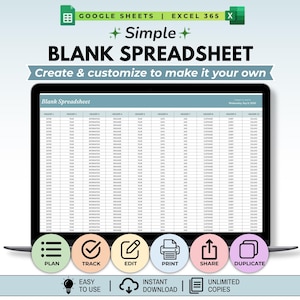 May include: A digital spreadsheet template displayed on a laptop screen with the text Simple BLANK SPREADSHEET. Below the screen are six circular icons labeled PLAN, TRACK, EDIT, PRINT, SHARE, and DUPLICATE, with text below indicating easy to use, instant download, and unlimited copies.