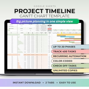 Könnte beinhalten: Eine Google Sheets Projektzeitplan Gantt-Diagramm-Vorlage auf einem Laptop-Bildschirm. Die Benutzeroberfläche zeigt eine Tabelle mit Zeilen und Spalten zur Aufgabenverfolgung, farbcodierte Balken und Textbeschriftungen wie Up to 20 Phases.
