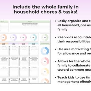 May include: A chore chart with the text "Include the whole family in household chores & tasks!" The chart includes sections for family members, notes, and a weekly schedule with tasks and progress tracking. It is designed to organize and track household jobs.