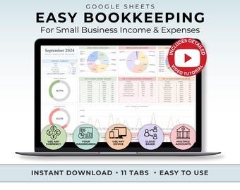 Easy Bookkeeping Spreadsheet Google Sheet Template Small Business Income Expense Tracker with Dashboards Tax Tracker Profit Goals