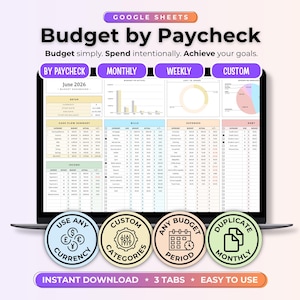 May include: A digital Google Sheets budget planner titled Budget by Paycheck with sections for cash flow, bills, expenses, and debt. The interface includes charts, tables, and four circular icons labeled Use Any Currency, Custom Categories, Any Budget Period, and Duplicate Monthly.